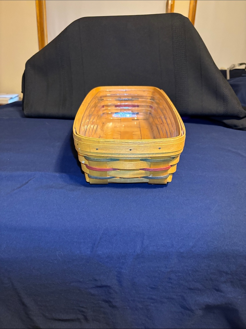 Longaberger Natural Wood Basket with Red Green and Blue Accents 7x14 inches - Picture 3 of 4